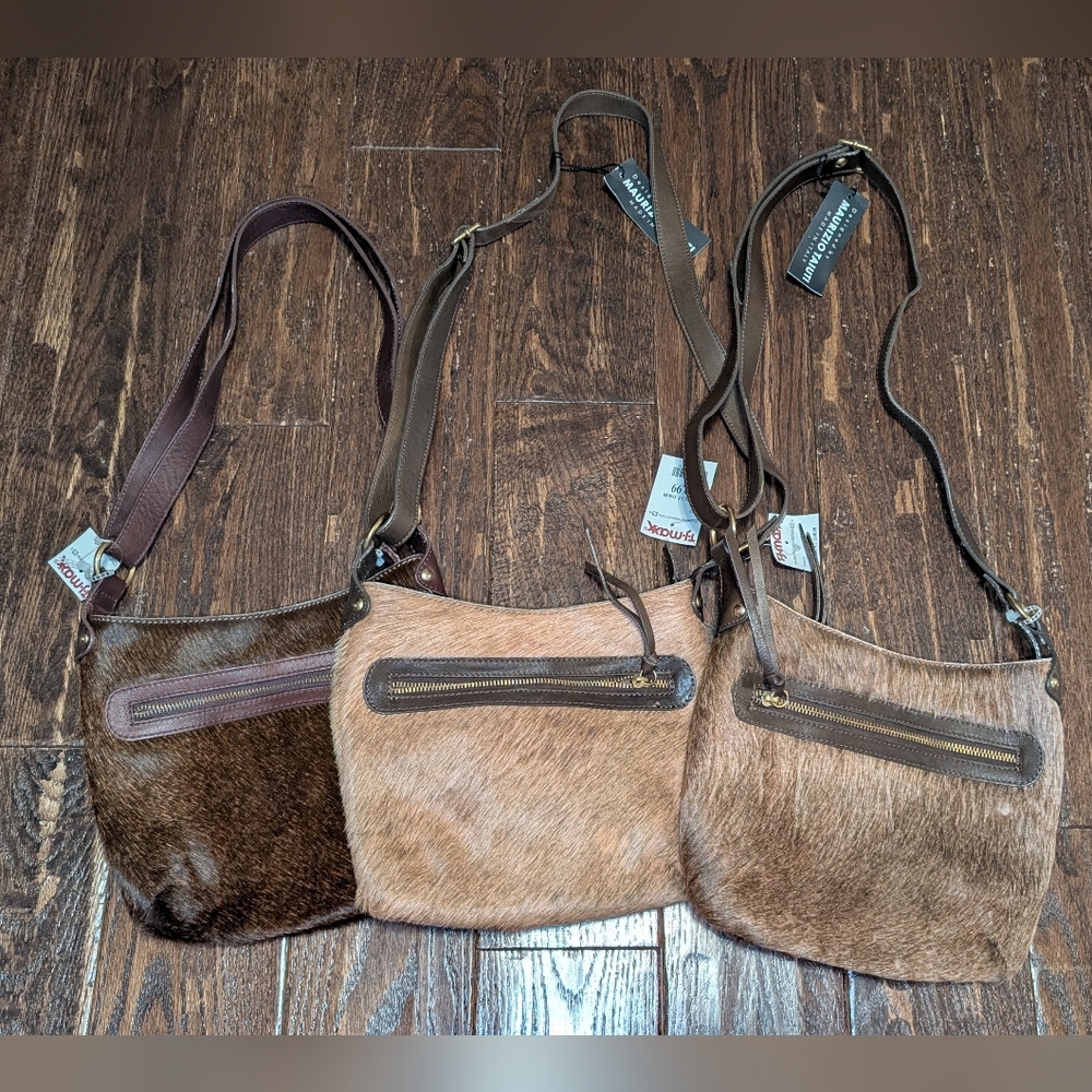 NWT Maurizio Taiuti Genuine Leather And Fur Crossbody Bag In Brown